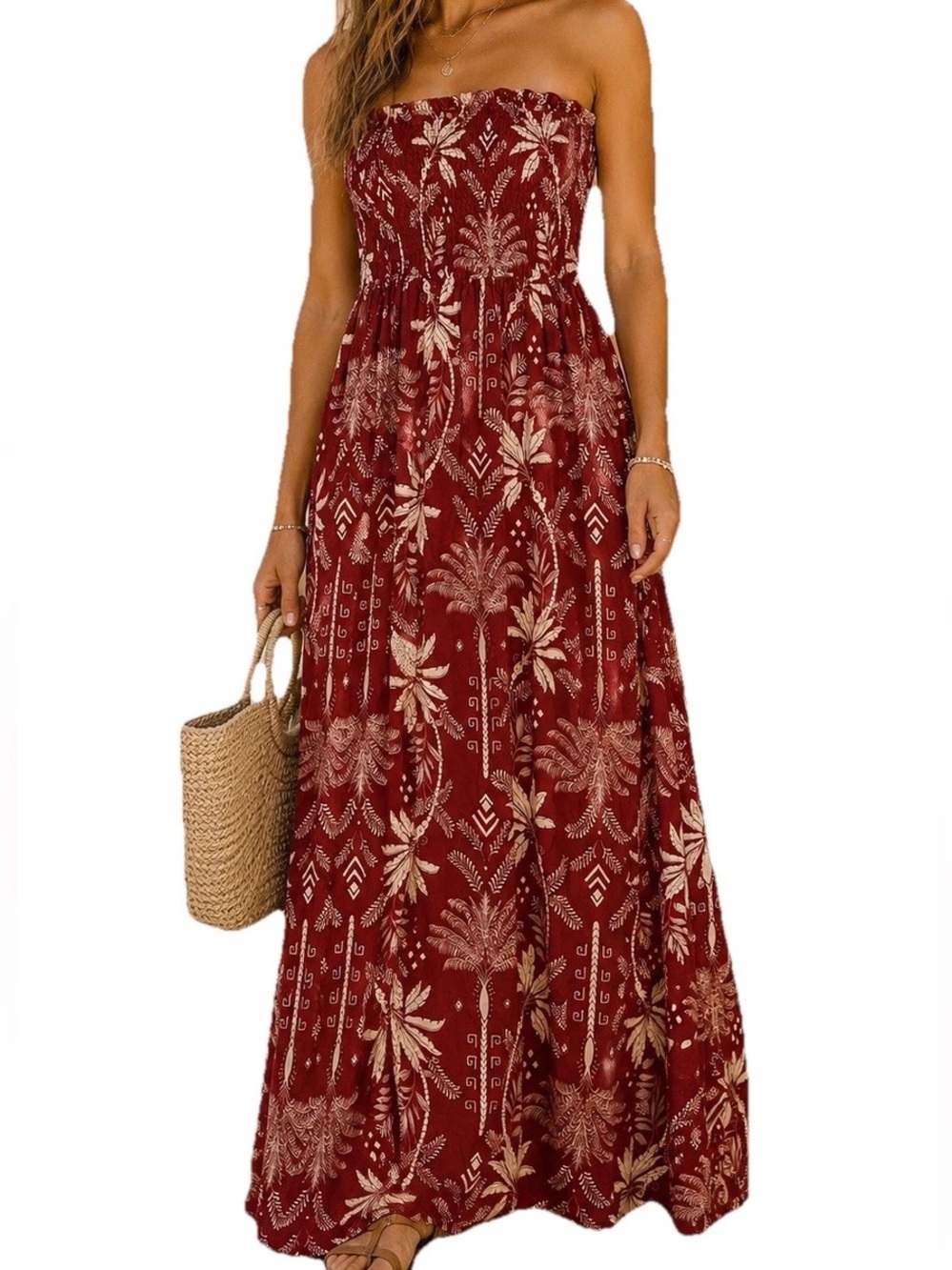 MONTEAU Strapless Maxi Linen-Blend Dress Burgundy & Beige Floral Print Size XS